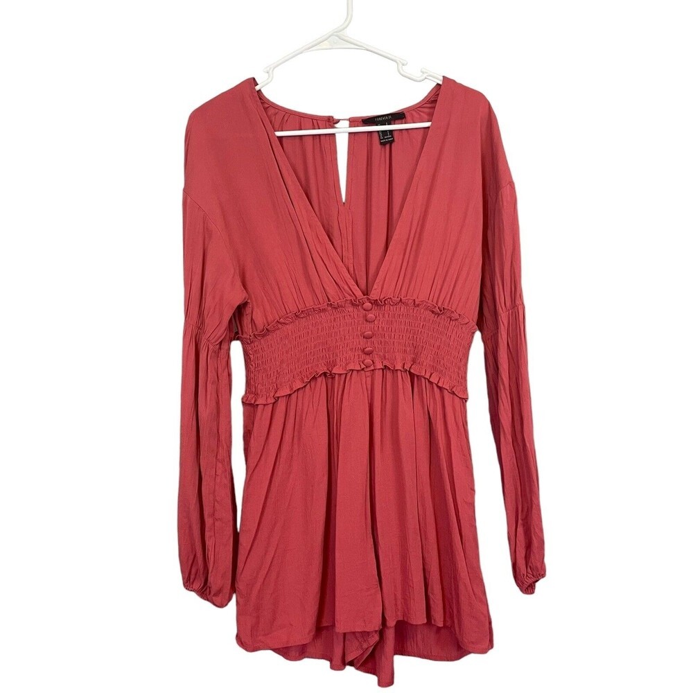 Forever 21 Salmon Pink Long Sleeve Boho Cottagecore Lyocell Blend Romper S EUC